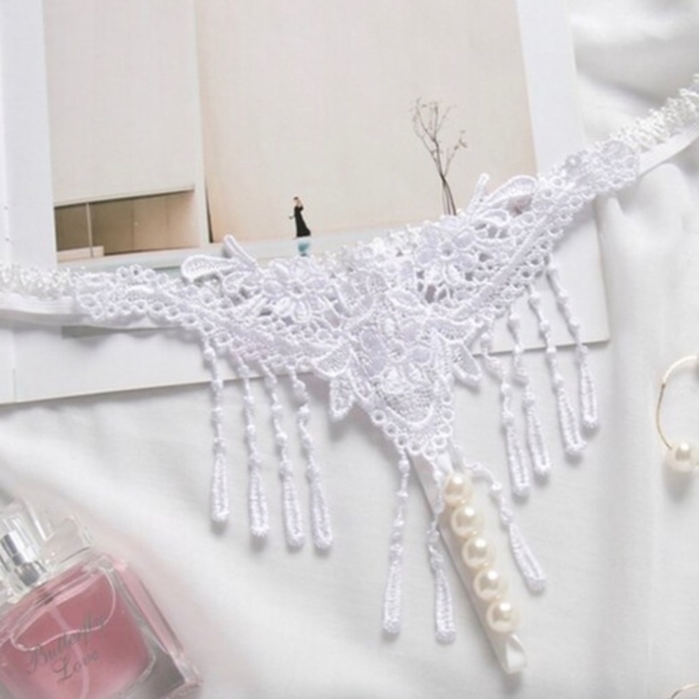 WHITE colour 5 Pearl T Back G String Open crotch Panties with embroidery